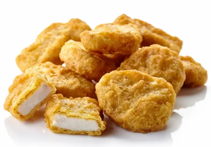 Złociste nuggetsy z kurczaka, jeden przekrojony, ukazujący białe mięso. Ile kcal ma 6 mcnuggets?
