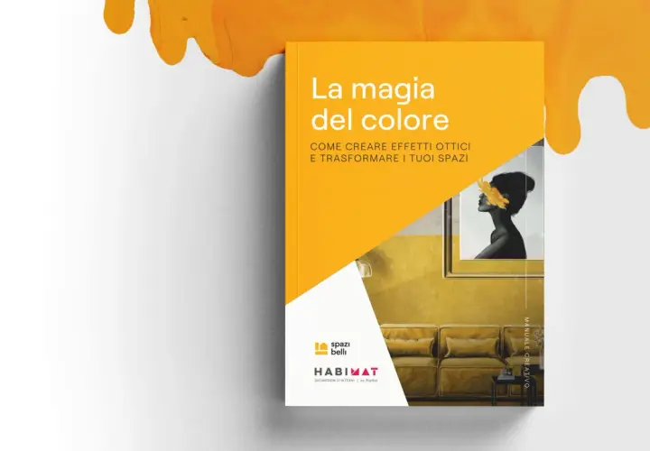 Libro "La magia del colore": come creare il giallo perfetto per trasformare i tuoi spazi. Immagine di un divano giallo e profilo di donna.