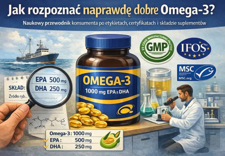 Przewodnik po dobrych kwasach omega-3: lupa pokazuje EPA 500 mg, DHA 250 mg. W tle statek rybacki i laboratorium.
