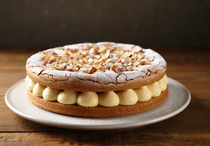 Dacquoise aux amandes et crème pâtissière. On peut faire une dacquoise la veille, elle sera parfaite pour ce gâteau !