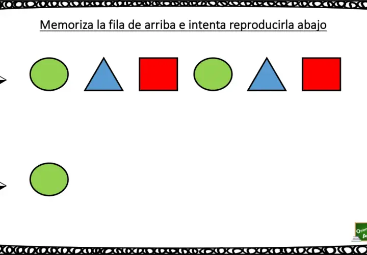 Fila de figuras geométricas: círculo verde, triángulo azul, cuadrado rojo, círculo verde, triángulo azul, cuadrado rojo. Abajo, un círculo verde.