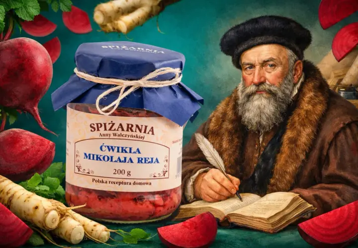 Słoik ćwikły z chrzanem, obok buraki i chrzan. Postać historyczna pisze piórem, jakby tworząc przepis na tę pyszną potrawę.