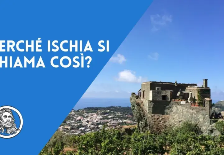 Il castello sul mare e la scritta "Perché Ischia si chiama così?" invitano a scoprire l'ischia etimologia.