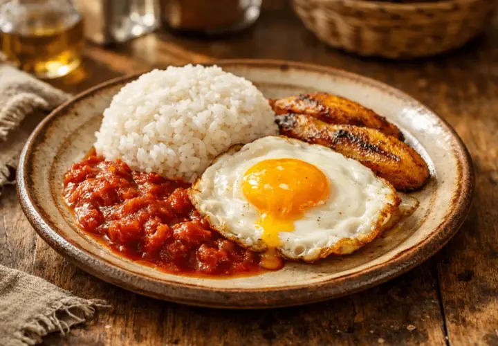 Un plato de arroz a la cubana con huevo frito, plátanos maduros fritos y salsa de tomate.