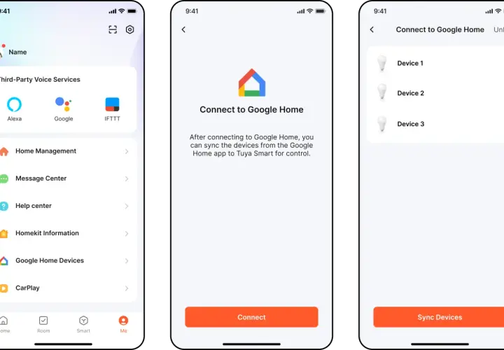Aplikacja Tuya po polsku pozwala na połączenie z Google Home. Zobaczysz tu listę urządzeń do zsynchronizowania.