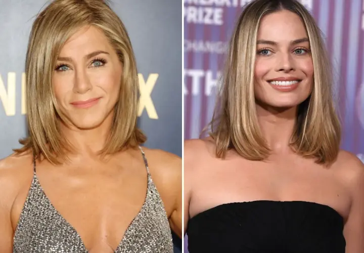 Jennifer Aniston i Margot Robbie z modnymi włosami do ramion, obie uśmiechnięte.