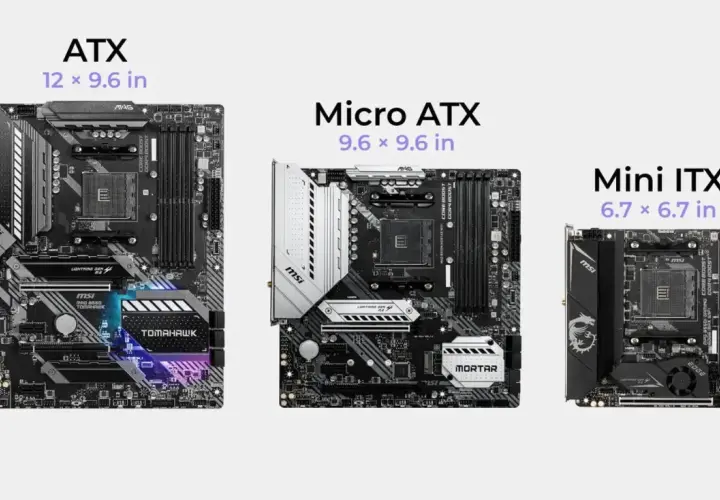 Tres placas base MSI de diferentes tamaños: ATX, Micro ATX y Mini ITX. Cada una es un componente esencial que define qué es la placa base.