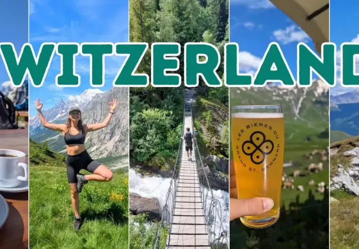 Switzerland collage: coffee & cake, hiker posing, suspension bridge, beer, and mountain vista. Wondering hoeveel km per uur wandel je?