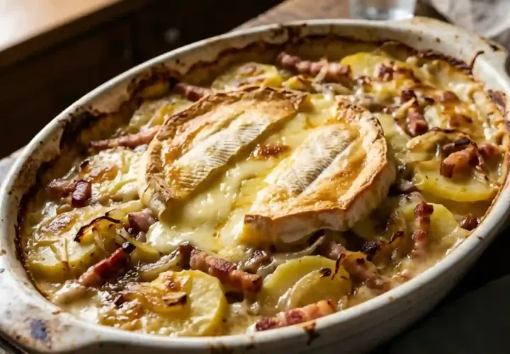 Plat gratiné de pommes de terre, lardons et reblochon fondant, prêt à déguster. Une délicieuse recette tartiflette qui réchauffe le cœur.