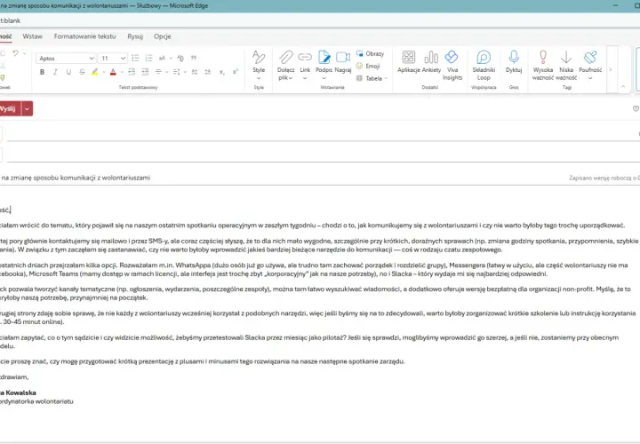 E-mail z propozycją wprowadzenia Slacka jako narzędzia do komunikacji z wolontariuszami, usprawniającego outreach marketing.