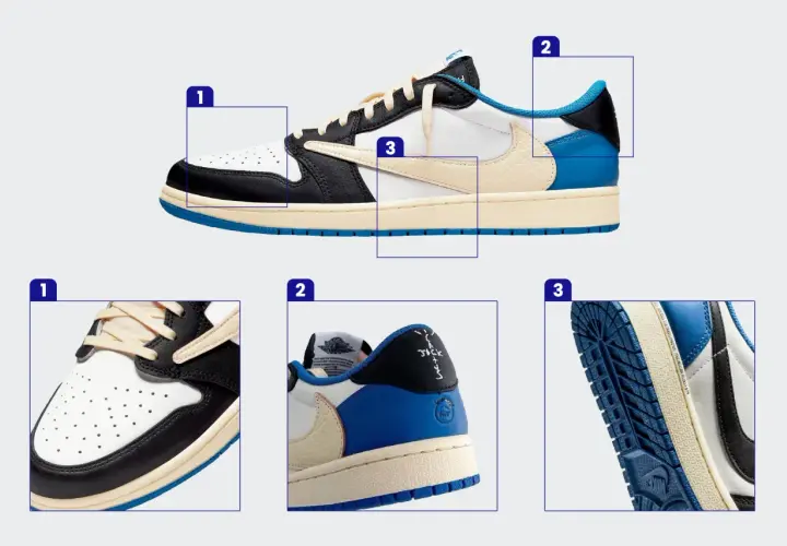 Buty sportowe z kremowym logo Nike, niebieskimi i czarnymi akcentami. Widoczne detale perforacji, sznurówki i podeszwa.