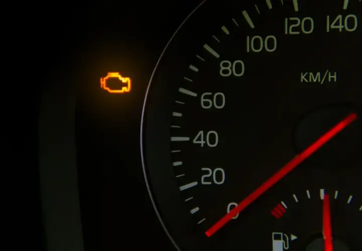 Kontrolka silnika świeci się, sugerując błąd DTC P2097 w Oplu. Prędkościomierz pokazuje 0 km/h.