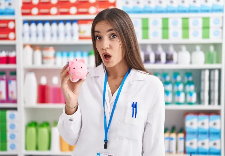 Młody technik farmacji z zaskoczoną miną trzyma skarbonkę w kształcie świnki, stojąc przed aptecznymi półkami.
