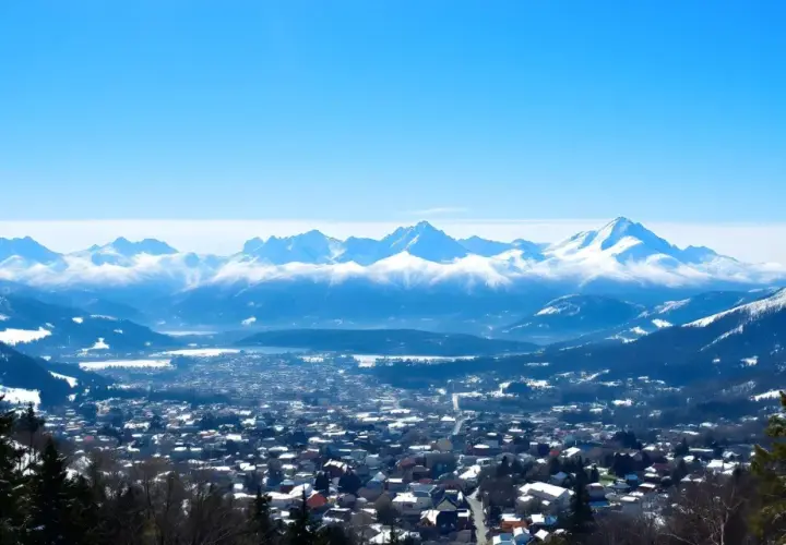 Widok z Gubałówki na ośnieżone Tatry i Zakopane.
