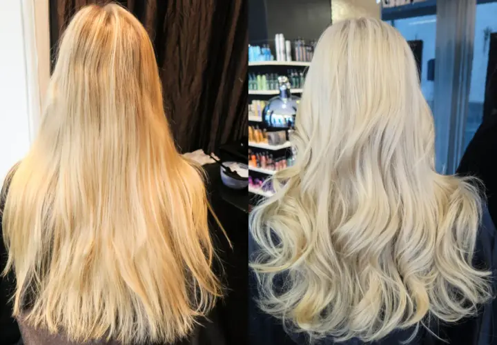 Före och efterbild på hår som fått bort gula toner. Från varmt blont till kallare, ljusare nyans.