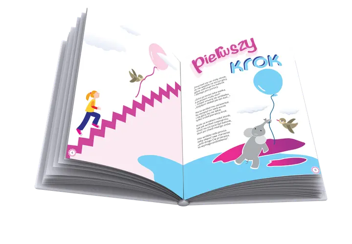 Otwarta książka z ilustracją dziewczynki wchodzącej po schodach i słonika z balonikiem. Wiersz "Pierwszy krok" wprowadza w świat dziecięcej wyobraźni.