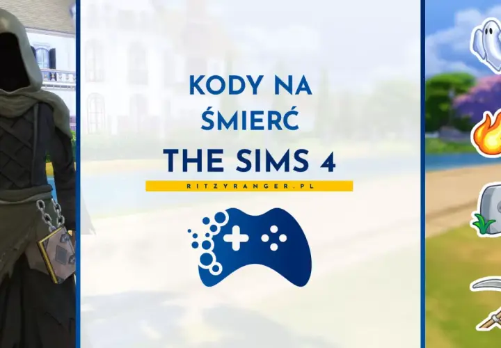 Postać w stroju kostuchy, ikony śmierci i tekst "Kody na śmierć The Sims 4". Dowiedz się, jak zabić sima w The Sims 4.