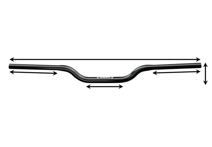 Manubrio moto 22mm nero, con frecce che indicano le misure di larghezza e altezza.