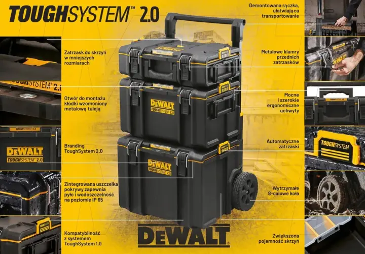 Solidne skrzynki narzędziowe DeWalt ToughSystem 2.0 z wytrzymałymi kołami i zintegrowaną uszczelką.
