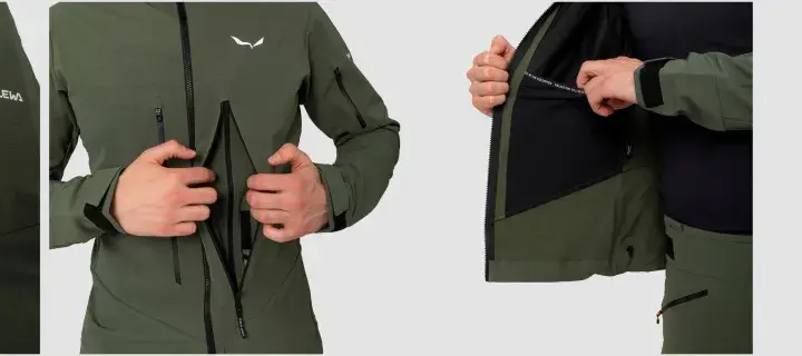 Mężczyzna w zielonej kurtce softshell. Detale: zamki, logo Salewa, kaptur. Czy softshell jest nieprzemakalny? Sprawdź sam!