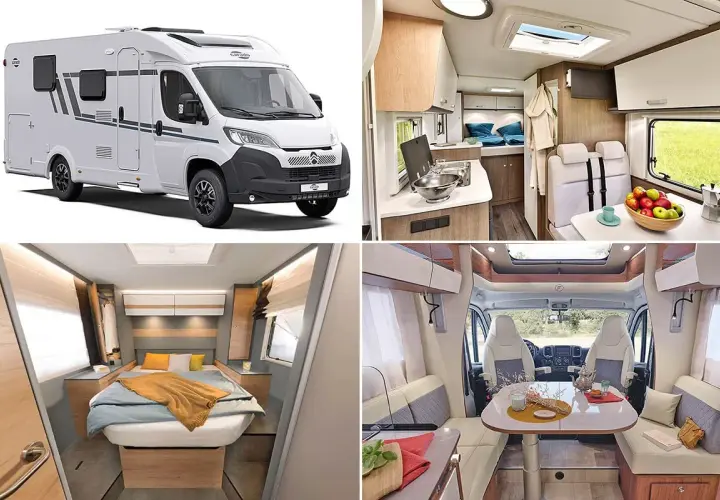 Camping-car 7m avec lit central confortable, cuisine fonctionnelle et coin repas convivial. Parfait pour vos escapades.