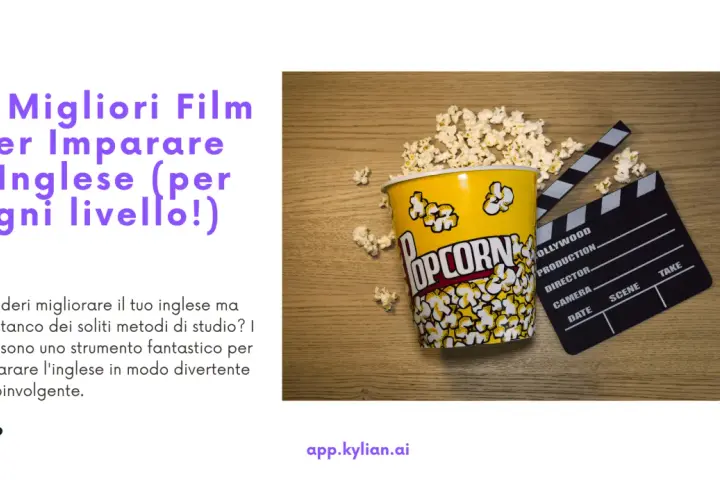 Secchiello di popcorn e ciak da cinema, perfetti per imparare l'inglese con film in lingua inglese.