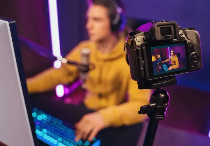 Kamerka do streamowania rejestruje młodego gracza w żółtej bluzie, otoczonego neonowym światłem.