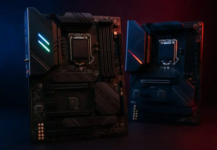 Deux cartes mères modernes, éclairées par des LED bleues et rouges. La taille carte mère est standard pour un PC gamer.