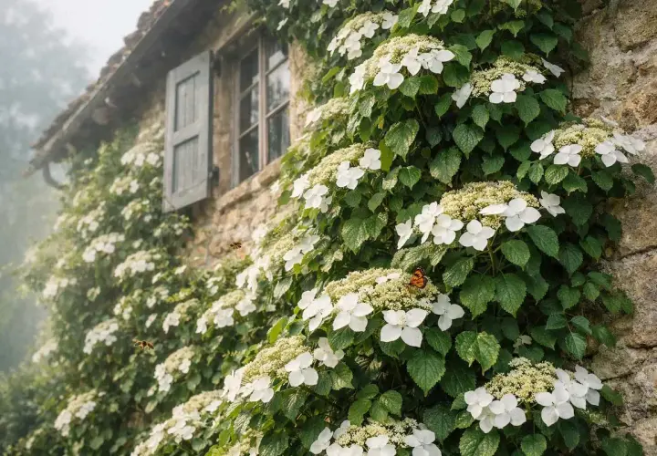 Vacker klätterhortensia klättrar på en stenvägg med ett fönster. Fjärilar och bin besöker de vita blommorna, en idyllisk scen med olika hortensia sorter.