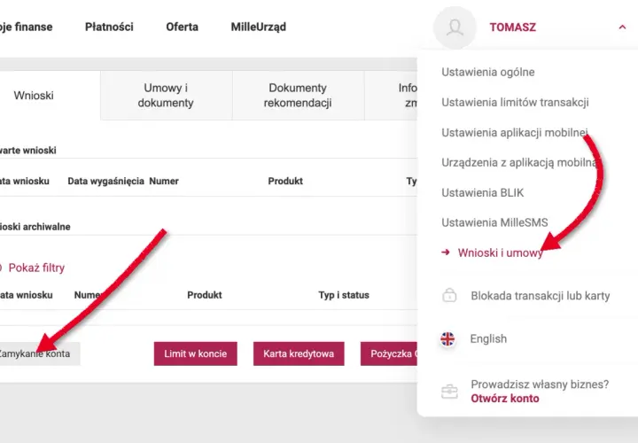 Zamykanie konta w banku Millennium. Kliknij "Wnioski i umowy", aby przejść do zarządzania wnioskami.