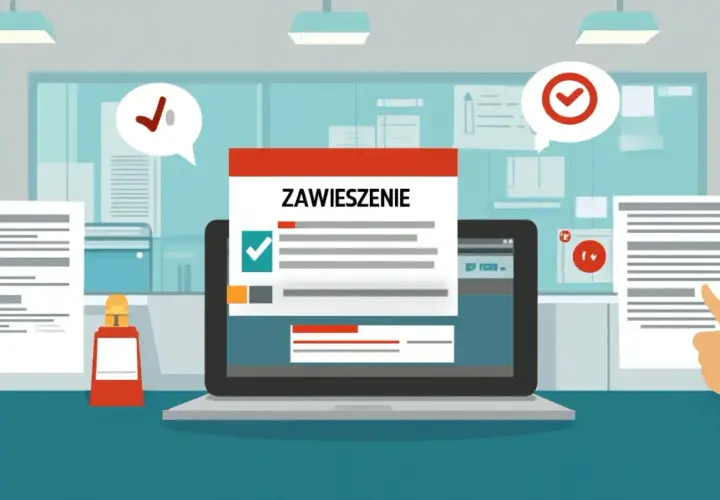Dokument "Zawieszenie" na ekranie laptopa, obok dokumenty i symbol akceptacji. To może być etap przed zawieszeniem działalności a konto firmowe.
