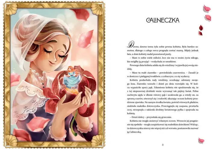 Ilustracja z "Hans Christian Andersen opowiadania": kobieta trzyma w dłoniach pąk róży, z którego wyłania się Calineczka.