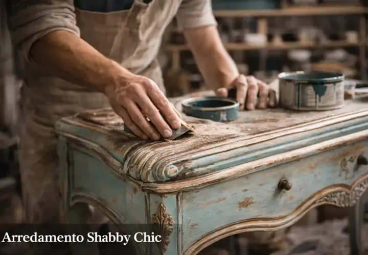 Mani esperte levigano un mobile antico per restaurarlo in stile shabby.