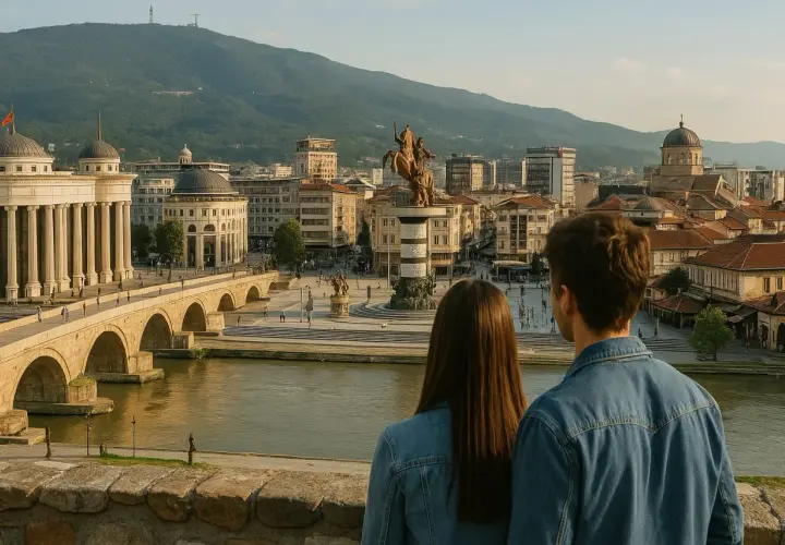 Para młoda podziwia panoramę Skopje, idealne miejsce na macedonia wakacje. Widok na kamienny most, rzekę i plac z pomnikiem.