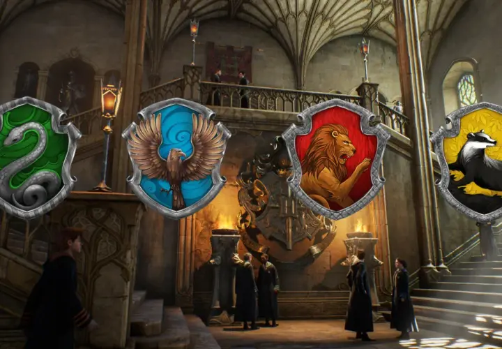 Herb Gryffindoru, Slytherinu, Hufflepuffu i Ravenclawu unoszą się w Wielkiej Sali. Do jakiego domu w Hogwarcie należysz?
