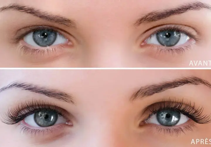 Avant/Après : des yeux bleus magnifiés par une extension de cils différente pose, pour un regard intense et glamour.