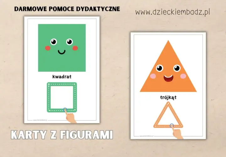 Karty z figurami: wesoły zielony kwadrat i pomarańczowy trójkąt zachęcają do nauki kształtów. Ta praca plastyczna z figur geometrycznych to świetna zabawa.