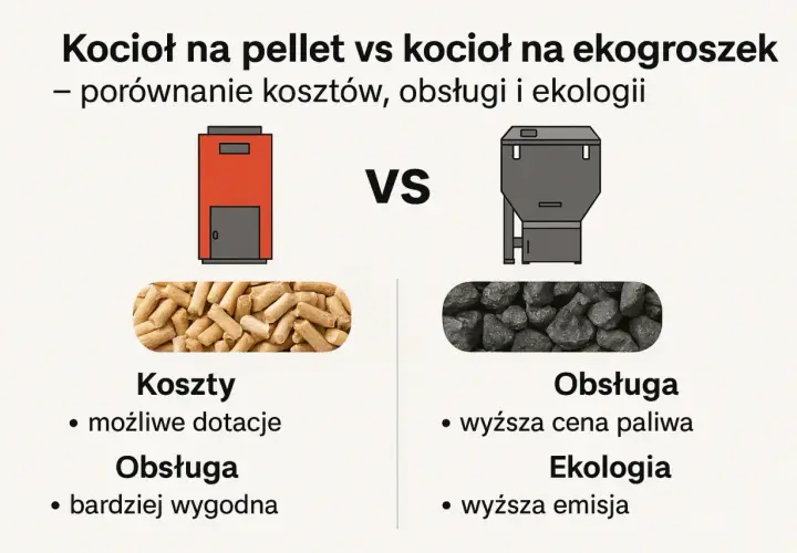 Porównanie: co lepsze piec na pellet czy ekogroszek? Pellet: niższe koszty, łatwiejsza obsługa. Ekogroszek: droższy, wyższa emisja.