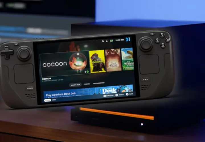 Przenośna konsola Valve Steam Deck z ekranem wyświetlającym gry, w tym "Cocoon" i "Sea of Thieves".