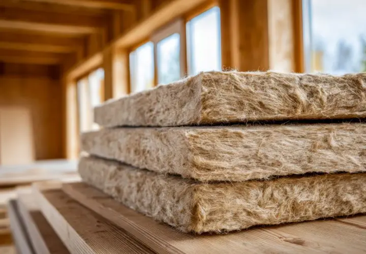 Pannelli isolanti per soffitto a vista, in attesa di essere installati in una nuova costruzione con travi in legno a vista.