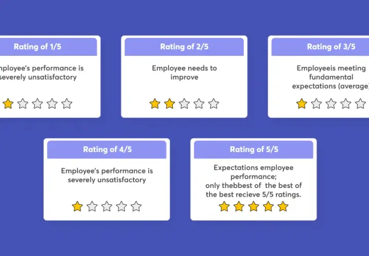 Visual representation of an employee rating system, showing 5 levels from 1/5 (severely unsatisfactory) to 5/5 (best of the best).