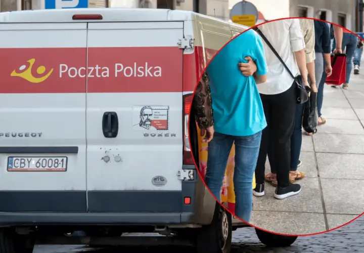 Klienci stoją w kolejce do samochodu Poczty Polskiej. Czy pocztex zostawia awizo?