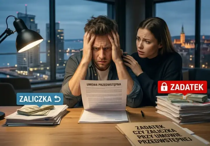 Para analizuje umowę przedwstępną sprzedaży nieruchomości, zastanawiając się nad zadatkiem.