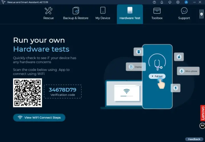 Jak zrobic @ na laptopie Lenovo? Użyj aplikacji Rescue and Smart Assistant do testów sprzętu. Zeskanuj kod QR, aby połączyć się przez WiFi.