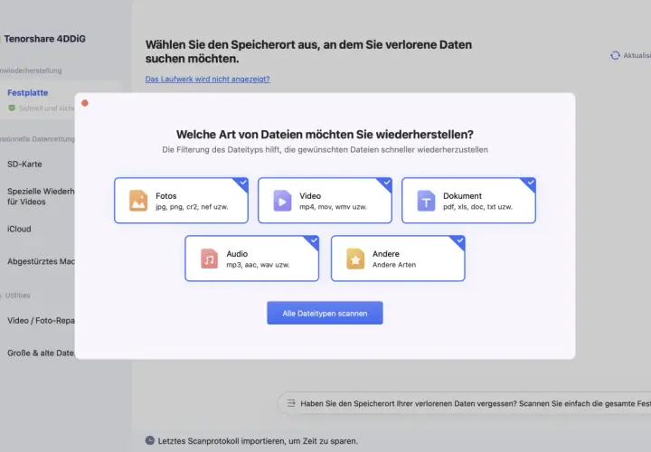 Datenrettungsprogramm: Festplatte auswählen, um verlorene Daten wiederherzustellen. Fotos, Videos, Dokumente oder Audio wiederherstellen.