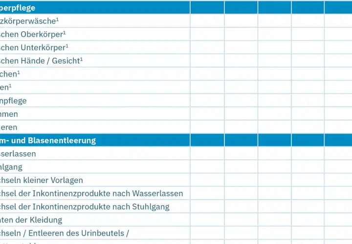 Vorlage für ein Pflegetagebuch zum Ausdrucken. Erfasst Körperpflege und Darm-/Blasenentleerung.