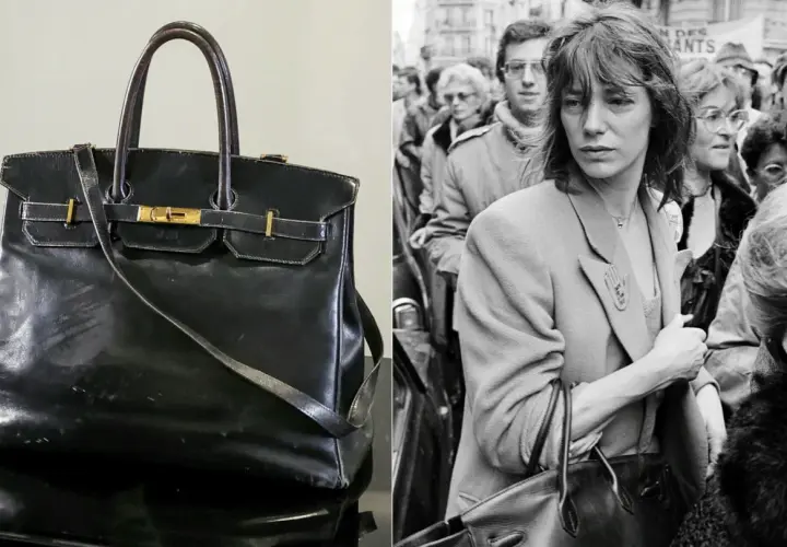 Czarna, skórzana torba, być może najdroższa torebka na świecie, obok Jane Birkin w tłumie.