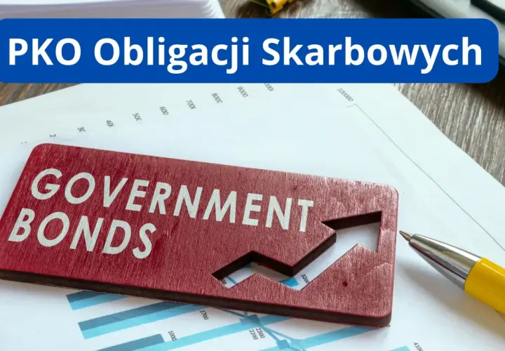 PKO Obligacji Skarbowych. Czerwona tabliczka "GOVERNMENT BONDS" z rosnącą strzałką na wykresie. Sprawdź oprocentowanie PKO BP.