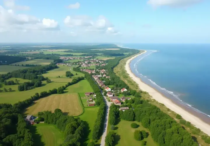 Dojazd PKP do Dąbków to malownicza podróż przez zielone pola i lasy, kończąca się widokiem na piaszczystą plażę i morze.