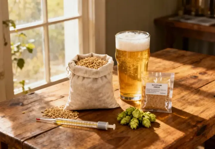 Verre de bière dorée, sac de grains, cônes de houblon jardin et thermomètre sur une table en bois.